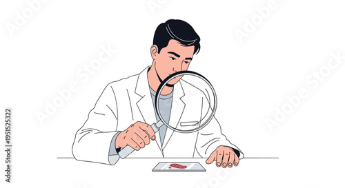 A male scientist in a white lab coat uses a magnifying glass to examine a specimen on a slide at a white table.