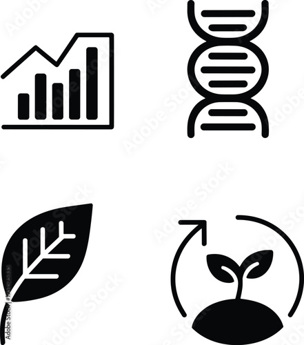 Sustainability science icons set, growth chart analytics, DNA genetics, eco leaf, plant cycle arrows, biotechnology research vector
