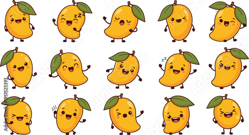 Set of sixteen cartoon mango characters with expressive faces and playful emotions for decorative, educational and entertainment vector design projects