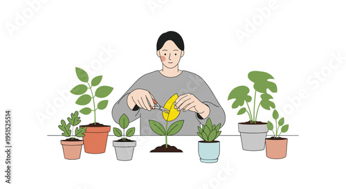 A person prunes a yellow-leafed plant with shears, surrounded by other potted plants.