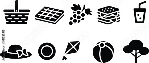Picnic outdoor leisure icons set, basket, waffle dessert, grapes fruit, sandwich, juice drink, hat, plate, kite, beach ball