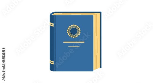 A blue hardcover book with a golden emblem on its cover stands upright against a plain white background.