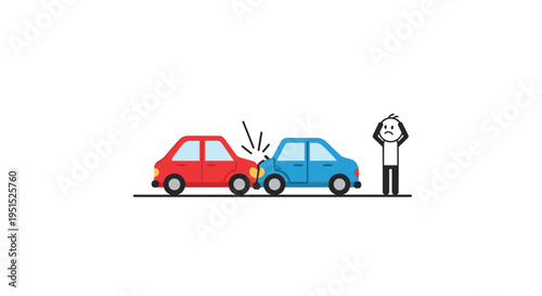 A red car has rear-ended a blue car, with a distressed person standing nearby on a white background.