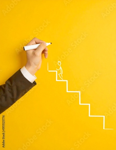 Hand draws stick figure climbing steps against a solid yellow background