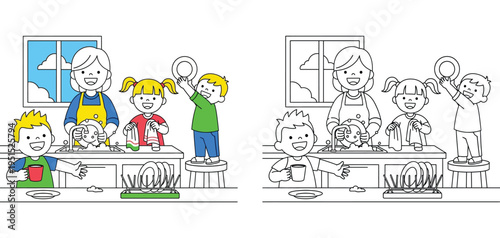 Happy Family Washing Dishes Together in Kitchen - Chores and Teamwork