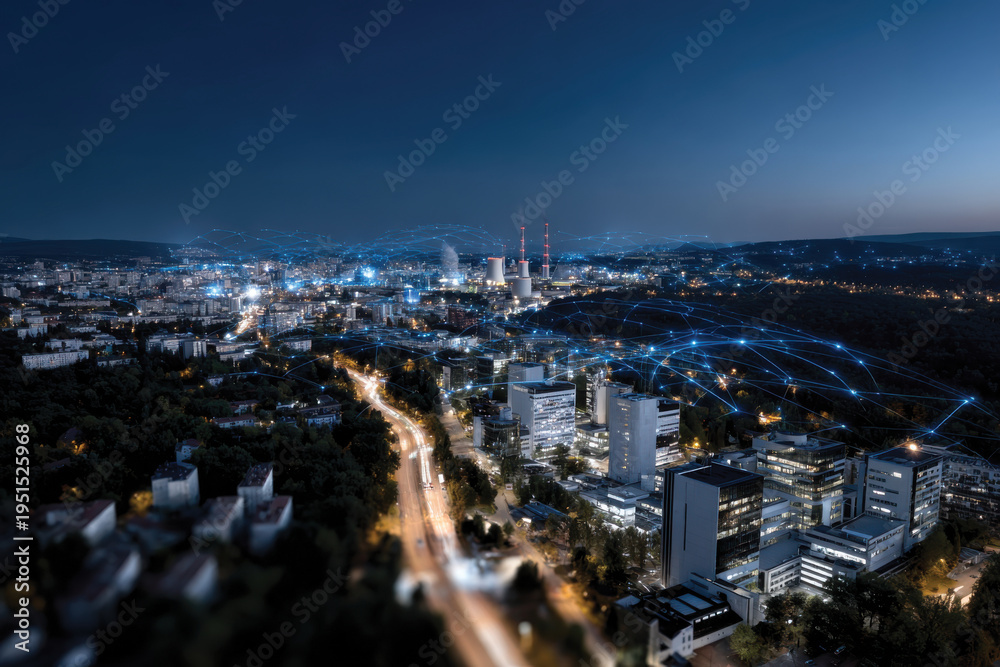 Obraz premium An aerial view of a bustling city at night, showcasing illuminated skyscrapers and connected networks that represent modern urban life and technological advancement.