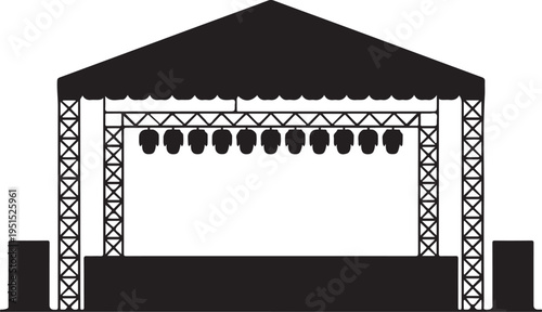Black stage with truss tower speakers and spotlights