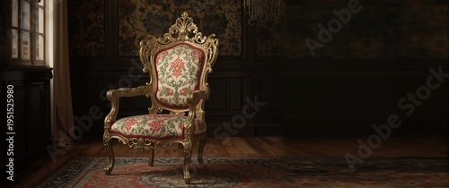 Ornate crafted vintage chair positioned in a timelessly elegant classic room