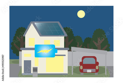 太陽光パネルで蓄電した電力で夜の電力を賄っている家のイラスト