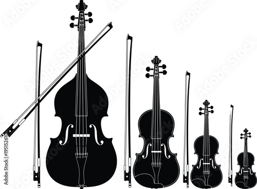 Black violin family silhouettes with bows set classical string instruments collection isolated minimalist music illustration orchestra concept elegant design for education and performance