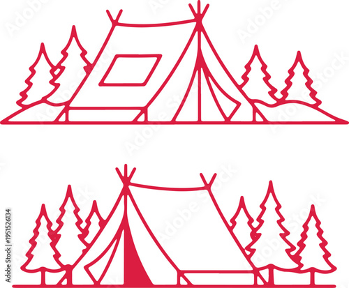 Scenic camping illustration with tents and forest trees in two contrasting styles