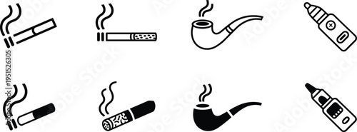 Smoking, tobacco, vape, icons, set, including, cigarette, cigar, pipe, vaporizer, nicotine, smoke, addiction, habit, lifestyle, warning, silhouette, symbol, collection, illustration