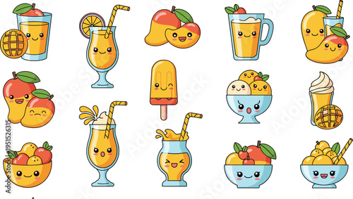 Cartoon fruit and beverage illustrations with cute faces including mango, pineapple, orange juice, smoothies and popsicles for playful vector design projects