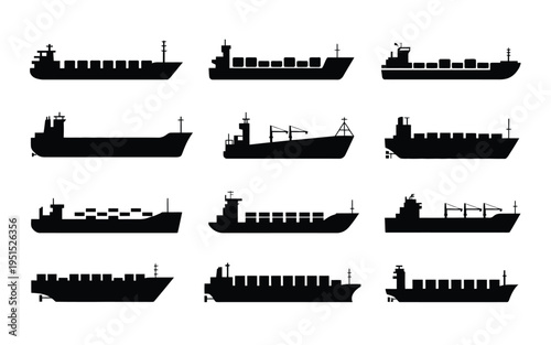 Collection of cargo ship silhouettes in various styles and designs on white background