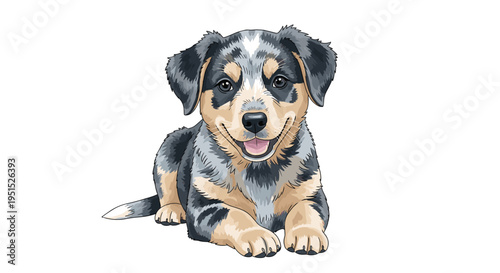 A happy puppy with a merle coat lies with crossed paws, looking forward on a white background.