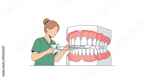 A dental professional in green scrubs flosses a large dental model on a white background.