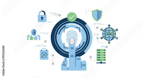 A human finger is pressing onto a large circular scanner displaying a fingerprint, surrounded by various cybersecurity icons on a clean white background.
