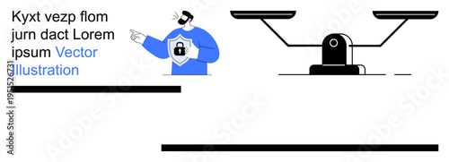 Data privacy, online safety, legal equality, information security, digital balance, justice. Person in a shield, digital scale. Data privacy and legal equality emphasis