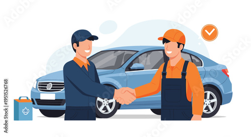 Two men, one a car mechanic and the other a customer, are shaking hands in front of a light blue sedan car on a white surface.