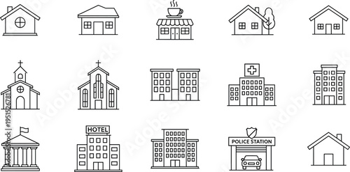 Public buildings line icons set, house church hospital hotel police station architecture city infrastructure outline vector collection