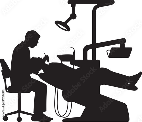 Dentist and patient in dental chair with equipment