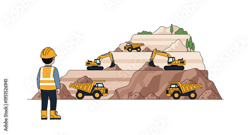 A construction worker in a yellow hard hat and safety vest stands observing a multi-tiered open-pit mine operation with heavy machinery.
