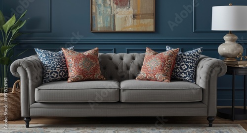 Snug grey sofa embellished with lively patterned cushions paired with a deep blue wall highlighting stylish home accents