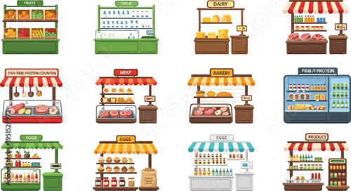 Cartoon Grocery Store Section Collection with Fruits Dairy Meat Bakery Fish Drinks and Food Market Stalls for Retail Vector Illustration