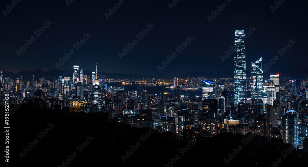 Fototapeta premium Illuminated urban skyline featuring glowing skyscrapers and vibrant night lights