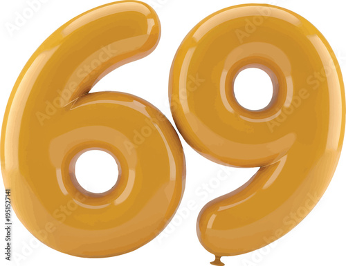 Shiny Yellow Orange Number 69 Balloon Figure 3D Render Celebration Element transparent background