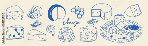 Mediterranean hand drawn cheese and appetizer vector set with brie, parmesan, mozzarella, camembert and olives. Perfect for restaurant menus, packaging and deli branding.