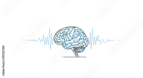 A blue wireframe human brain is depicted with a continuous undulating blue wave pattern extending horizontally from its sides.