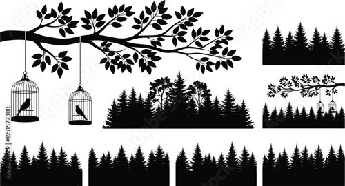 Forest silhouette collection with tree branches birds and cages nature landscape set black design for outdoor scenery woodland illustration and decorative elements