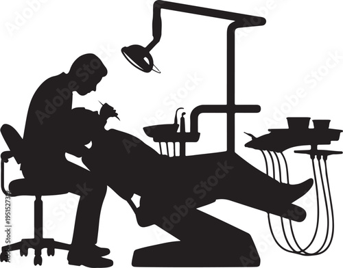 Dentist and patient in dental chair with equipment
