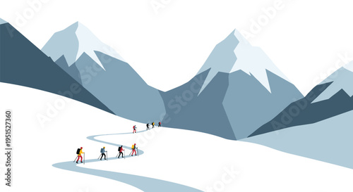A group of small figures is seen hiking up a winding snowy path through a majestic mountain range.
