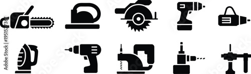 Power tools icons set, chainsaw, circular saw, drill machine, electric tools, construction equipment vector glyph workshop symbols