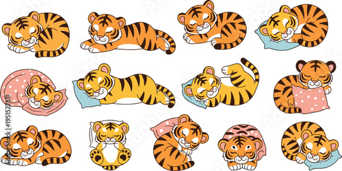 Set of twelve cartoon baby tiger illustrations in cozy sleeping poses with blankets and pillows for children’s decorative vector design projects