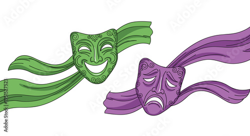 Two stylized theatrical masks, one green and happy, the other purple and sad, are shown with flowing ribbons on a white background.