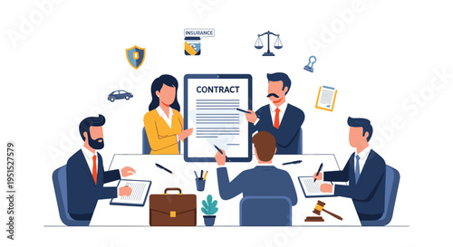 Five business professionals are gathered around a table, reviewing and signing a contract with legal icons floating above them.