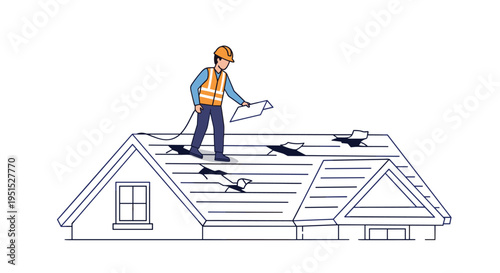 A male worker inspects damaged shingles on a house roof while holding a document.