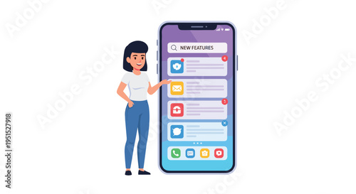 A woman smiles next to a large purple smartphone displaying app notifications and new features.