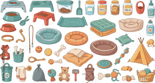 Cartoon Pet Care Supplies Collection with Beds Bowls Toys Treats Grooming Tools Leashes and Animal Accessories for Vector Illustration