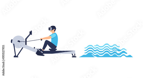 Man wearing VR headset rowing on a machine, simulating water sports and virtual reality fitness
