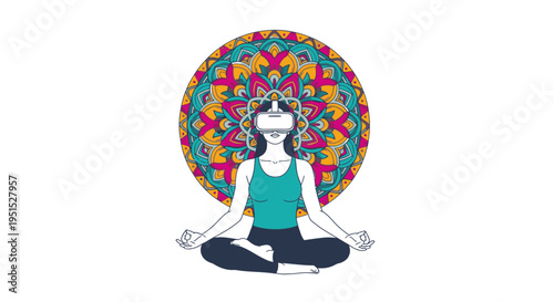 Woman meditating in VR headset with colorful mandala pattern, representing virtual reality and inner peace