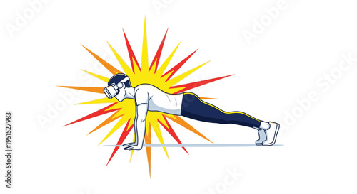Man doing push-ups while wearing a virtual reality headset, experiencing an energetic workout