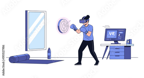Person wearing VR headset boxing in virtual reality with computer and fitness mat in room
