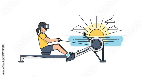 Woman exercising on a rowing machine with a VR headset, experiencing a virtual sunrise over the ocean, modern fitness technology.