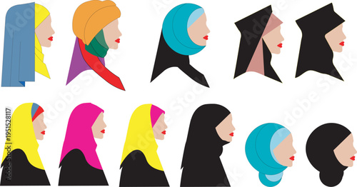 Muslim women profile collection with colorful hijab styles showing diversity culture identity modest fashion vector illustration set