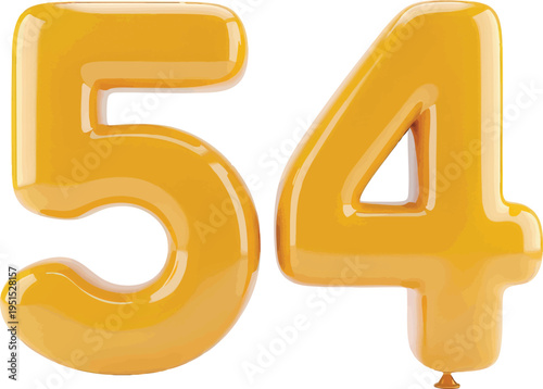 Bright Yellow Glossy 3D Number 54 Balloon transparent background for Anniversaries and Birthdays