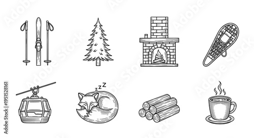 Winter Sports and Cozy Comfort Icons: A Hand-Drawn Collection of Seasonal Elements